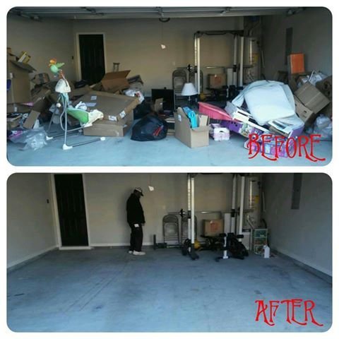 Before and after a garage cleanout by The Trash Brothers